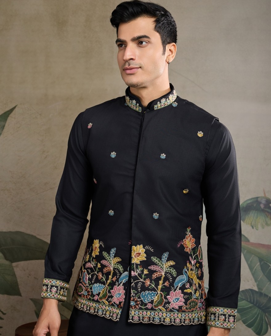 61231-black - Embroidery Black Cotton Kurta & Koti Jacket